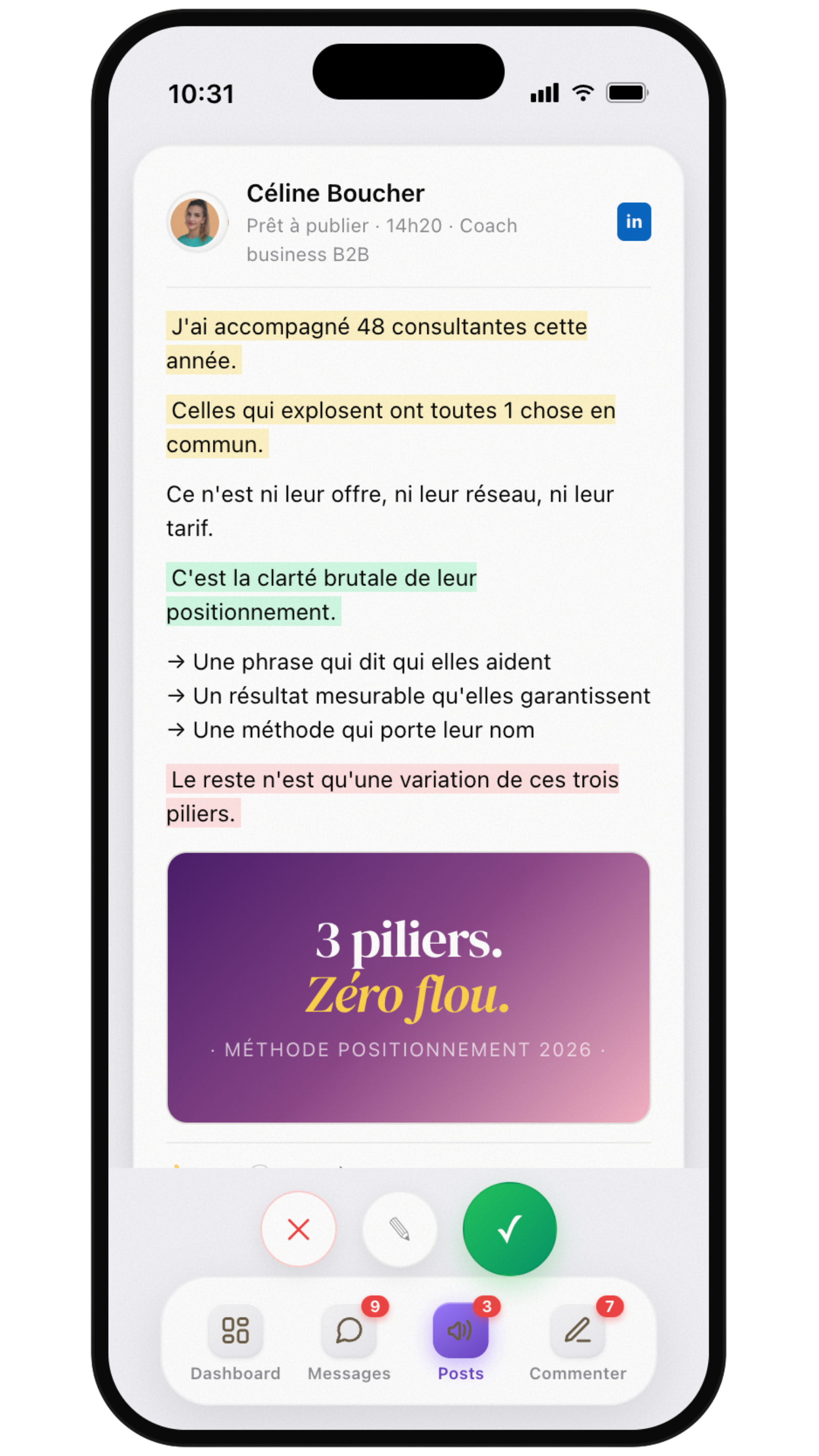 Post LinkedIn rédigé par l'agent dans le style du fondateur, prêt à publier en 1 swipe